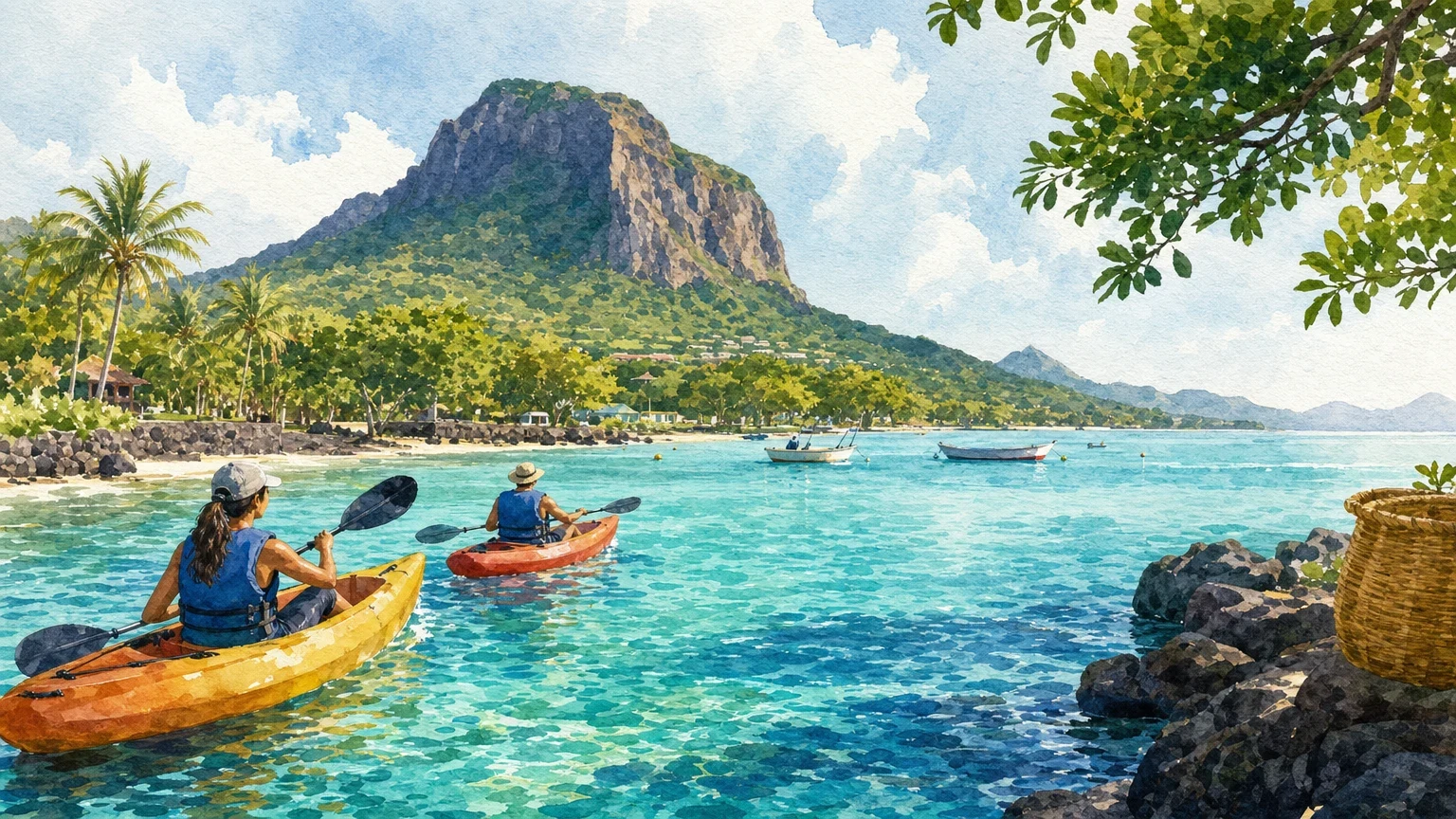 Kajaks auf dem Wasser vor Mauritius während eines verantwortungsvollen Meeresausflugs